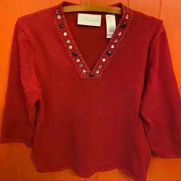 First Issue by Liz Claiborne v-neck beaded sweater women M red - Picture 1 of 7